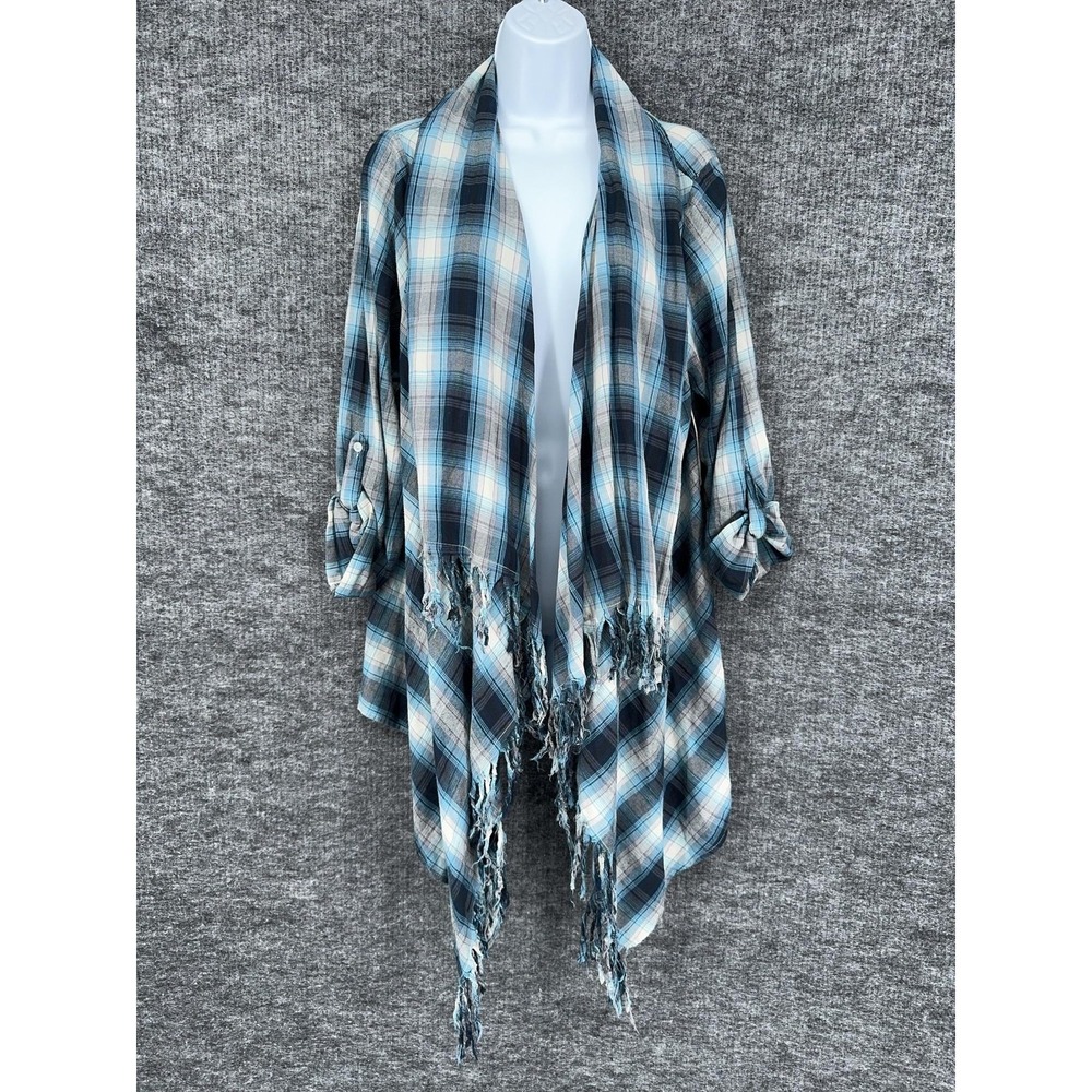 Hippie Laundry Blouse Womens XL Blue Plaid Fringe Kimono Open Front Cardigan